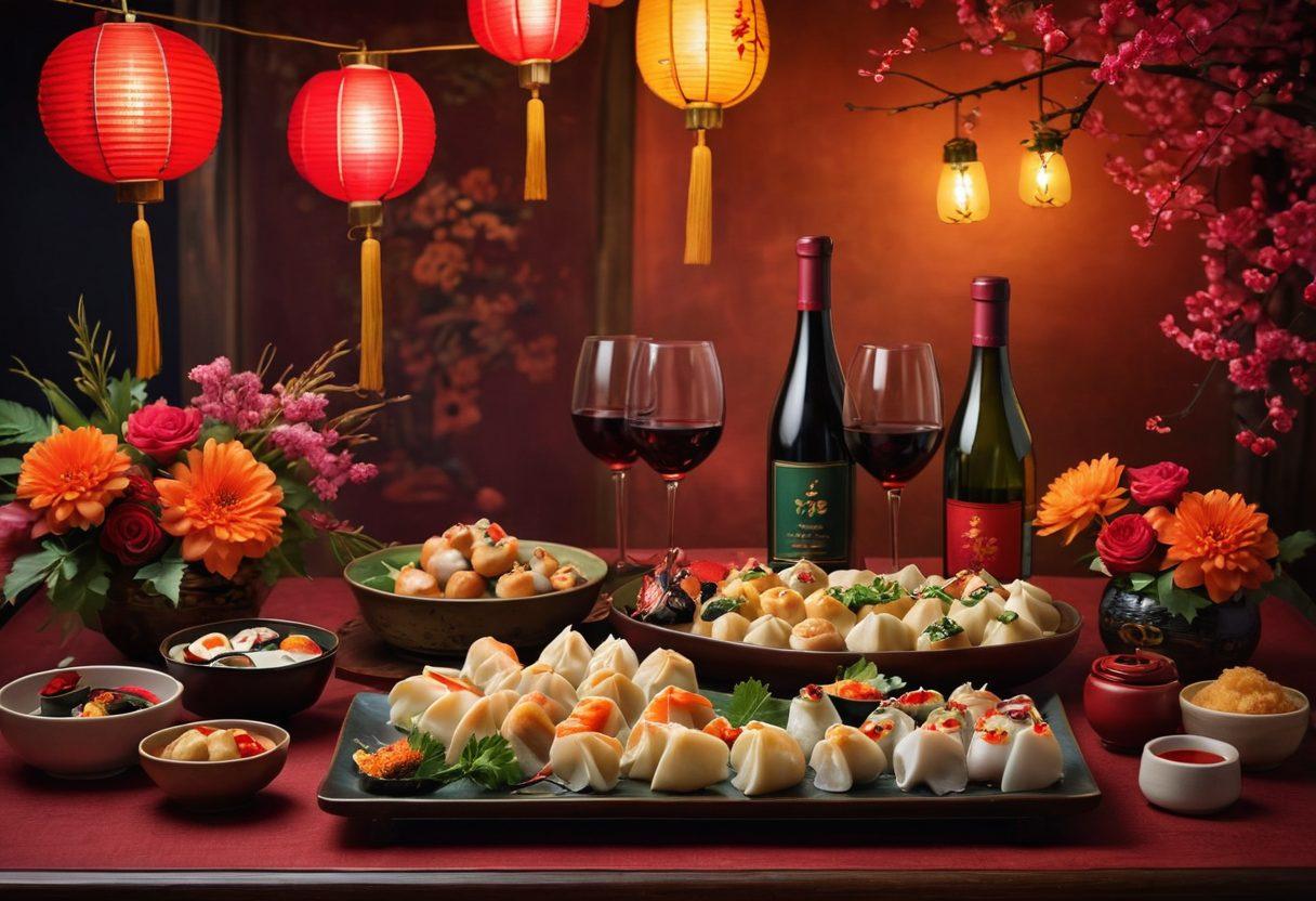 A vibrant celebration scene depicting elegant Asian wine bottles and glasses, surrounded by traditional Asian culinary delights like dumplings and sushi. Festive decorations with lanterns and floral arrangements enhance the atmosphere. A backdrop of joyful people toasting and sharing stories creates a sense of community and festivity. Super-realistic. Warm, vibrant colors. Elegant and festive ambiance.