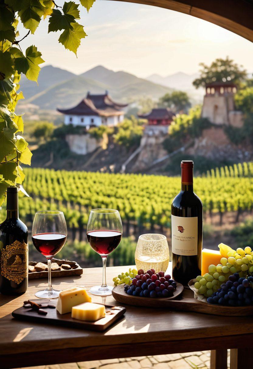 A beautifully arranged wine tasting scene featuring an array of exotic Asian wines, with stunning vineyard landscapes in the background, showcasing lush grapevines and traditional Asian architecture. Include intricate wine glasses adorned with Asian motifs, alongside artisan cheese and local delicacies, under soft golden sunlight. The image should evoke a sense of cultural richness and craftsmanship in wine making. super-realistic. vibrant colors. soft focus.
