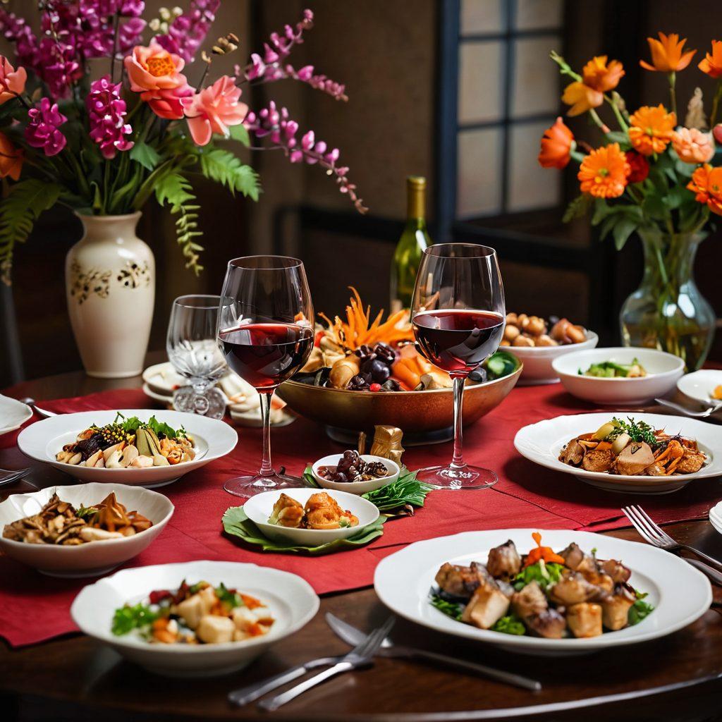 A beautifully arranged table set for a celebration, featuring an array of Asian wines in elegant glasses, surrounded by traditional Asian food dishes, and vibrant floral decorations. Soft ambient lighting enhances the joyful atmosphere, with people clinking glasses in the background, exuding happiness and camaraderie. Super-realistic. Vibrant colors. Warm lighting.